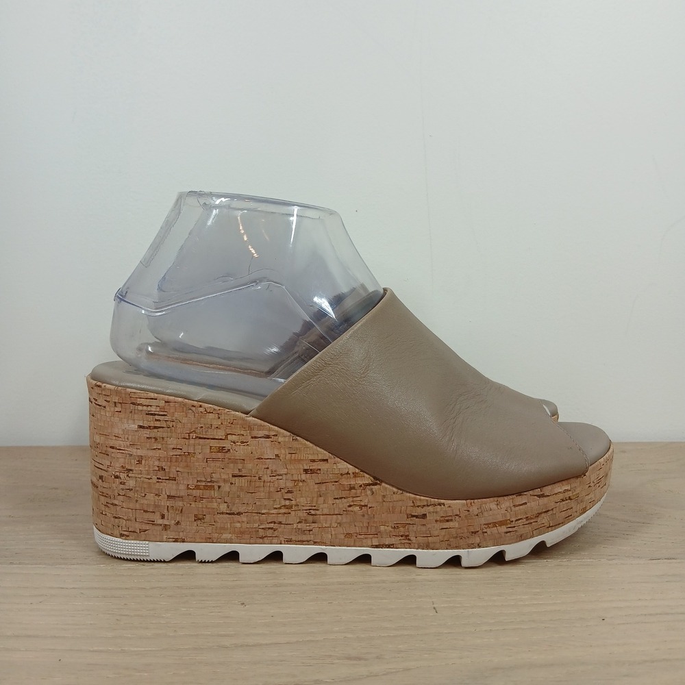 Sorel Joanie II Slide Sandals Women's 8 Taupe Leather Cork Wedge Platform - Picture 7 of 12